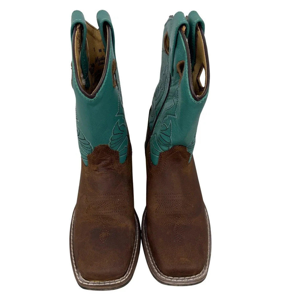 Masterson Boot Co Western Boots Kids 1M Brown Teal Good Leather Square Toe